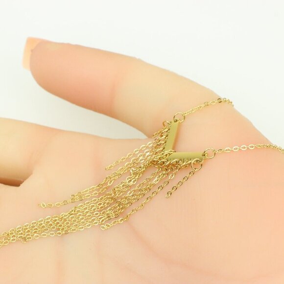 Trendy Gold-Plated Yellow Necklace with Cascading Chain Tassels, XPNL0386 - Picture 6 of 13